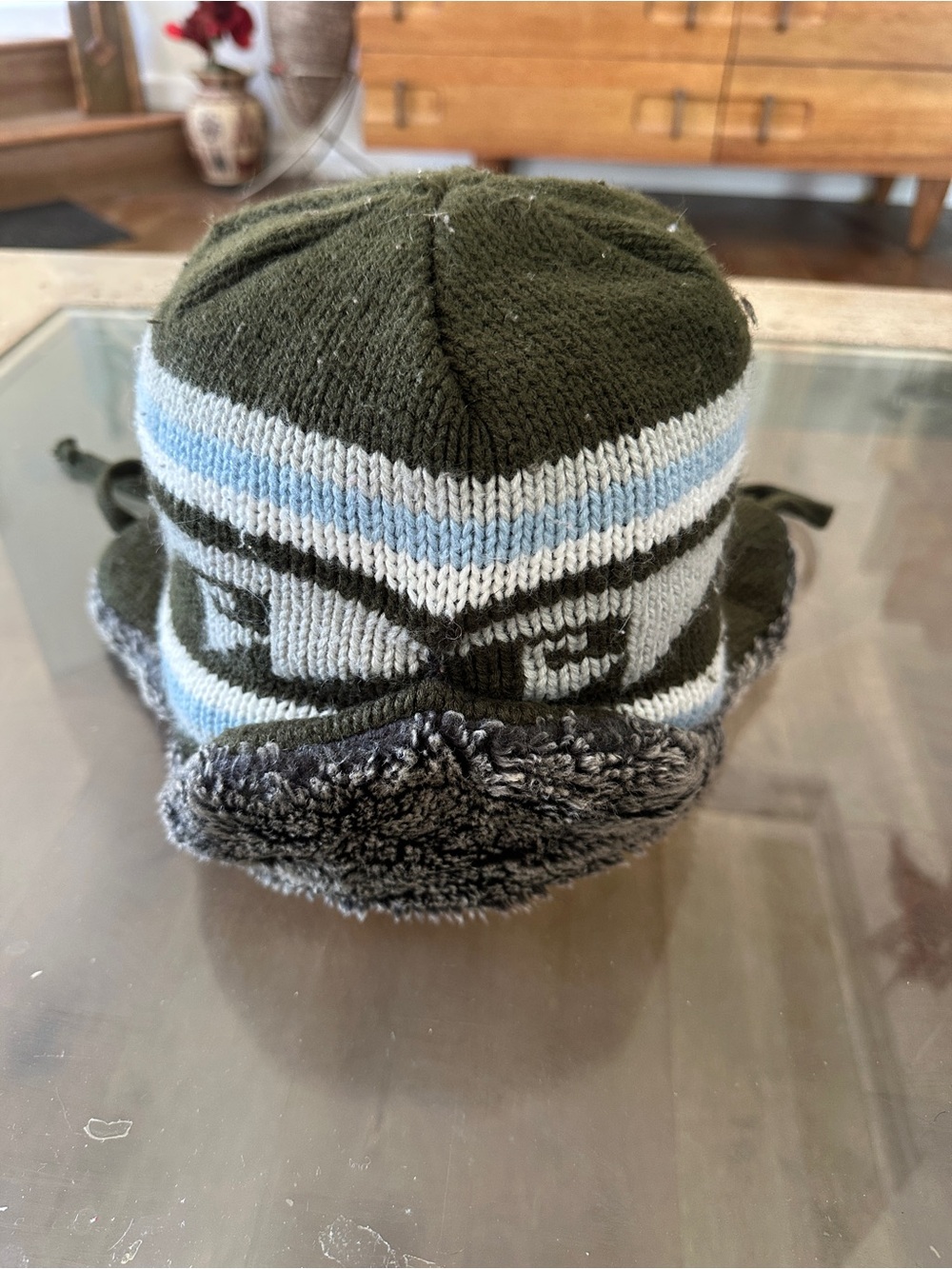 Kids Olive Green and Light Blue Knit Winter Hat with Faux Fur Ear Flaps